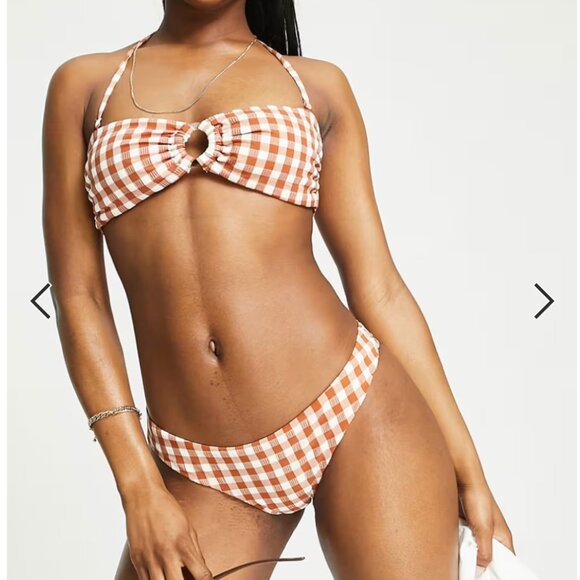 NWT Mango MNG gingham key hole bikini top and bottom in orange - Picture 1 of 11